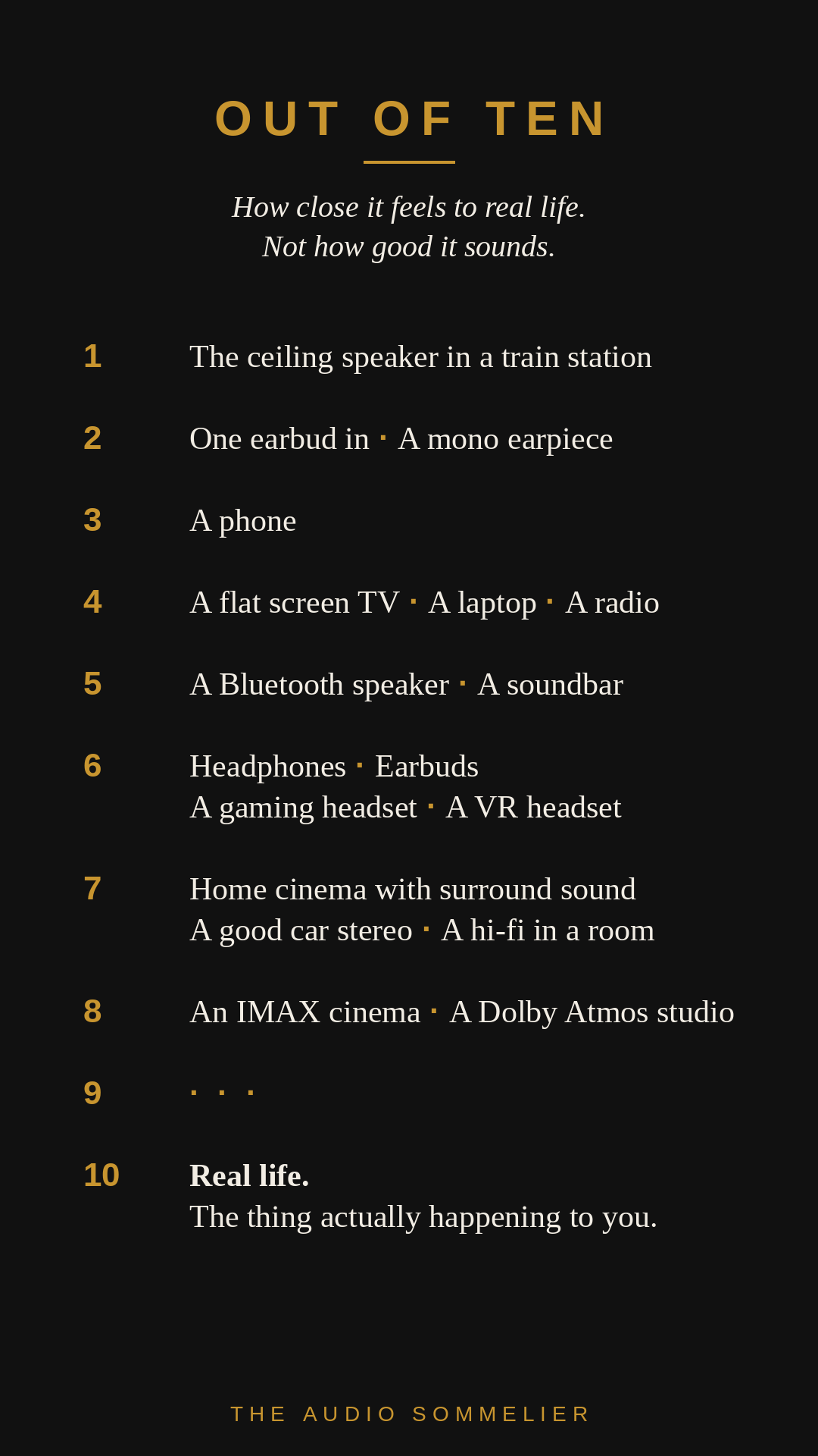 Out of Ten. How close it feels to real life, not how good it sounds. 1 the ceiling speaker in a train station, 2 one earbud in, 3 a phone, 4 a flat screen TV, 5 a Bluetooth speaker, 6 headphones, 7 home cinema, 8 an IMAX cinema, 9 left blank, 10 real life.