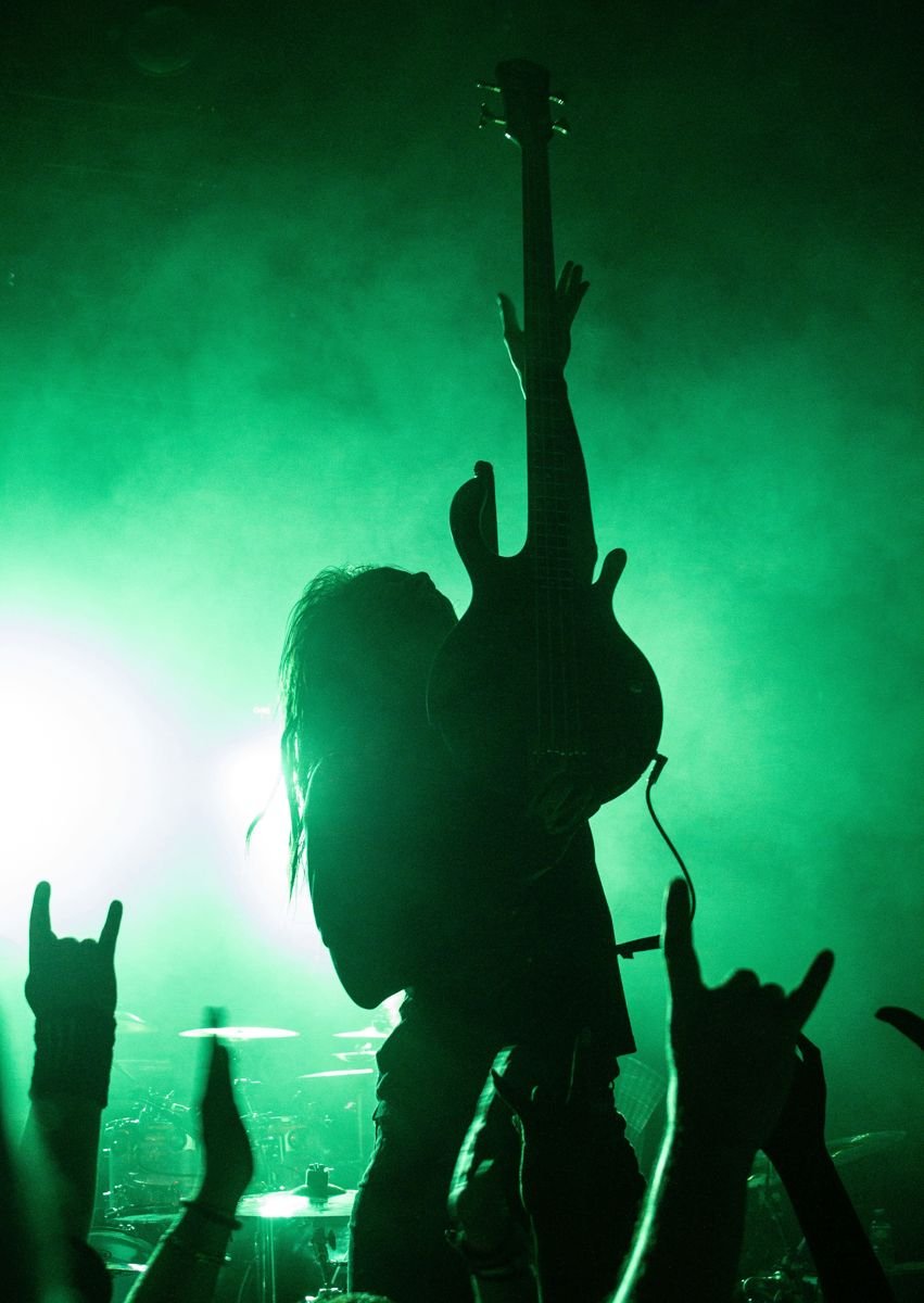 A bass player on stage above a crowd with raised hands